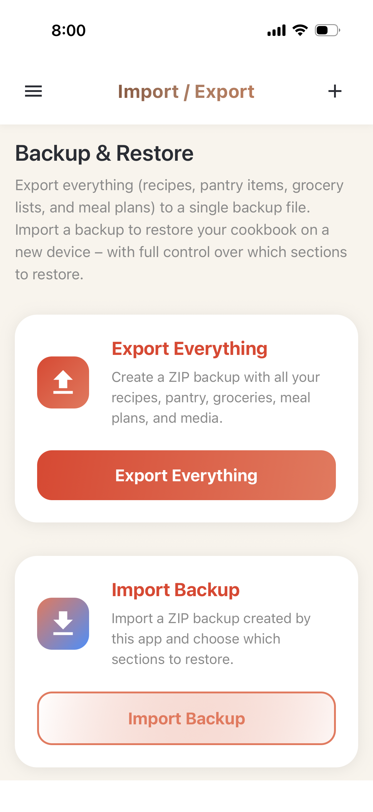 Import and export screen