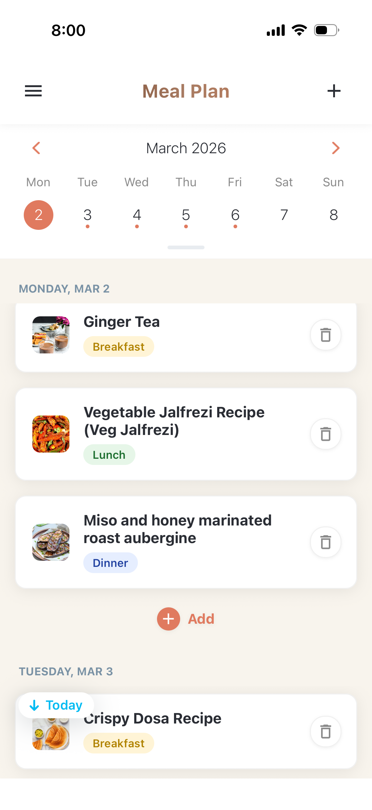 Meal planning screen